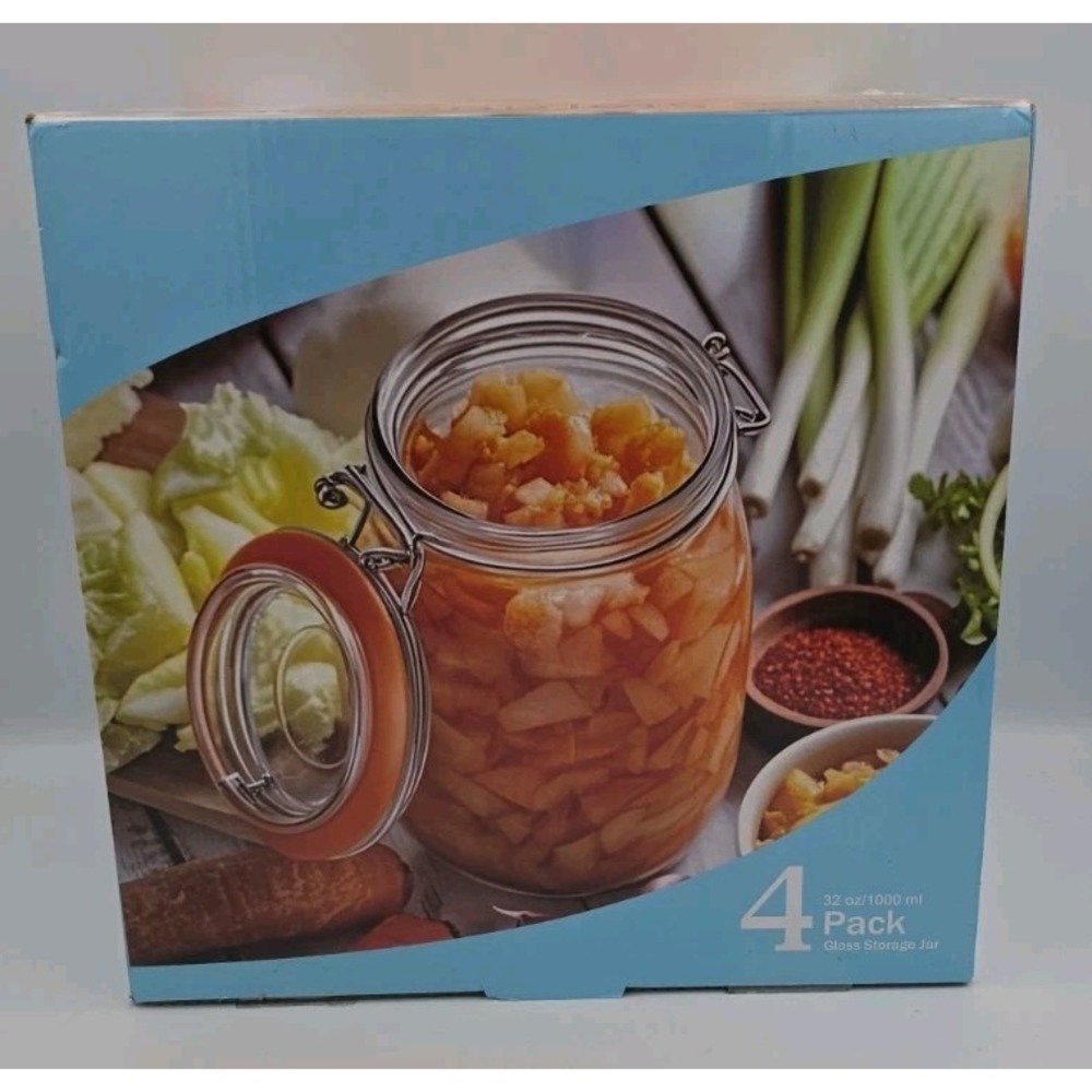 Wide Mouth Mason Jars 4 Pack 32oz Glass Storage Jars with Airtight Clamp Lids